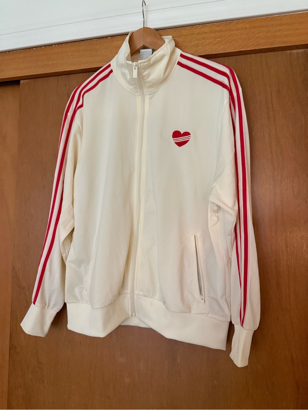 adidas Cream Track Jacket with Red Stripe & Heart Emblem